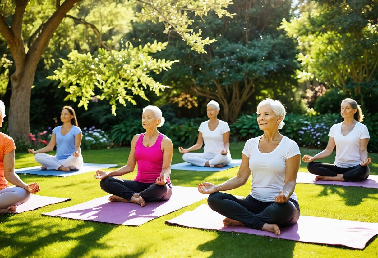 A serene scene portraying a diverse group of cancer survivors engaging in supportive activities, such as group therapy and yoga, set in a beautifully landscaped garden. The atmosphere is uplifting, symbolizing hope and resilience, with soft sunlight filtering through the trees. Include vibrant flowers and symbols of healing, like butterflies, to represent transformation. super-realistic. vibrant colors. peaceful ambiance.