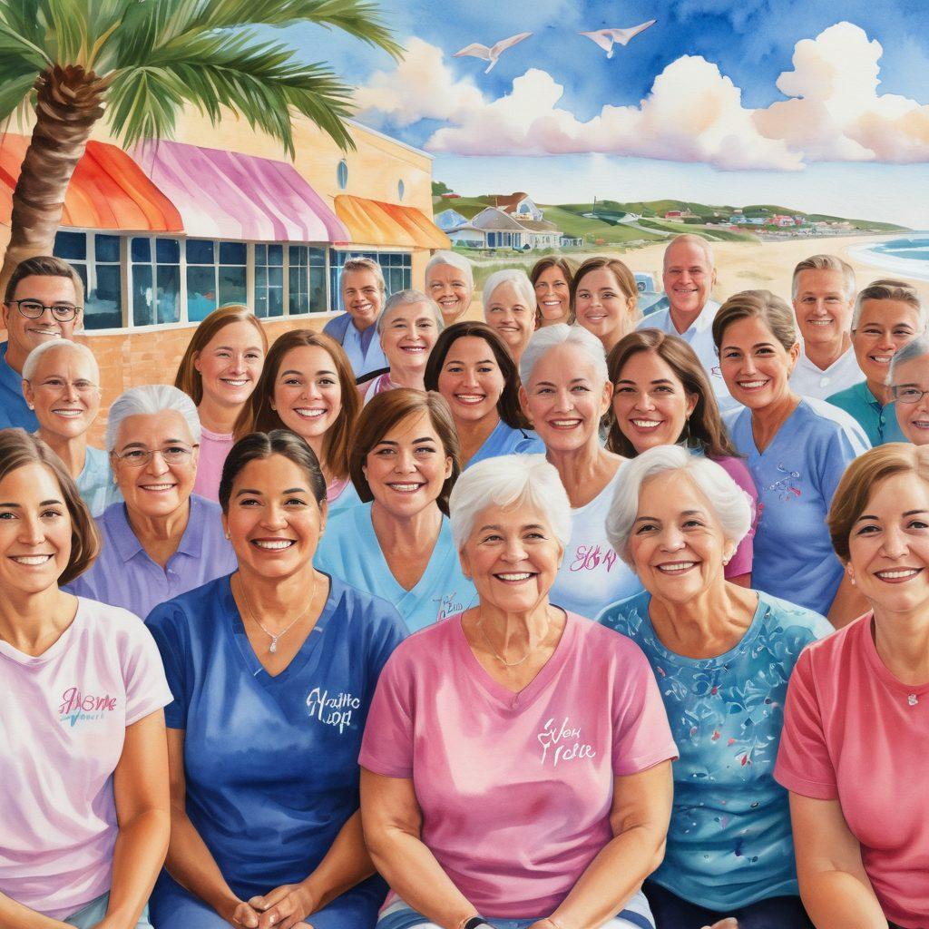 A diverse group of smiling patients and caregivers huddled together, sharing experiences in a warm, inviting community space adorned with cancer awareness ribbons. In the background, a mural representing hope and resilience, with the serene coastal landscape of Port Galveston. Emphasize connection and support through gestures and expressions. bright colors. watercolor painting.