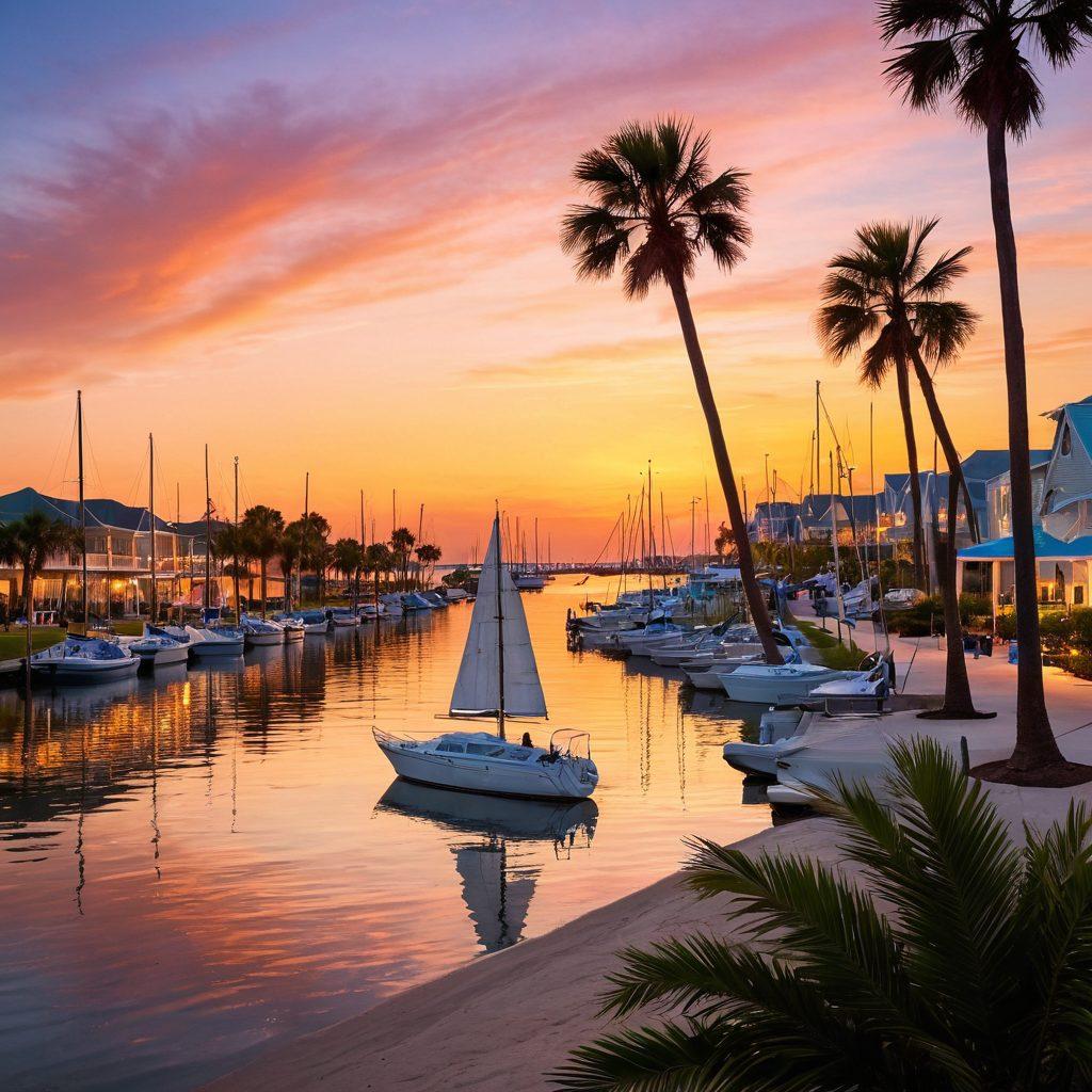 A serene waterfront scene at Port Galveston, featuring a supportive community gathering with diverse individuals sharing stories, symbols of hope like ribbons, and informational materials about cancer support. Soft sunset lighting enhances the warm atmosphere, creating a sense of unity and resilience. Emphasize the waterfront with sailboats and palm trees in the background. super-realistic. vibrant colors. warm tones.